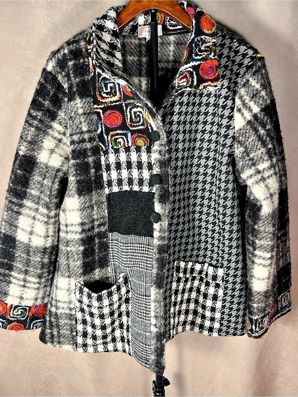 Kamana XL Patchwork Houndstooth Shawl Collar Jacket Artsy Boho XL